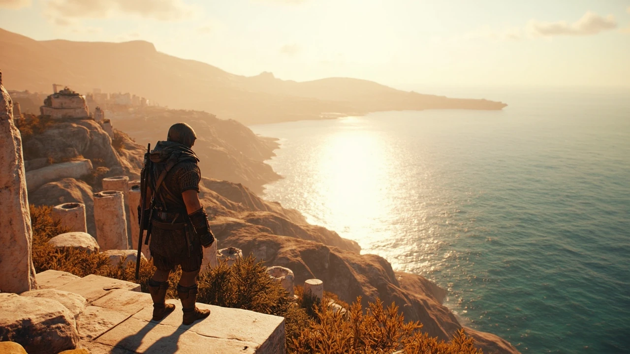 A scenic Greek landscape from an Assassin's Creed Odyssey walkthrough scene