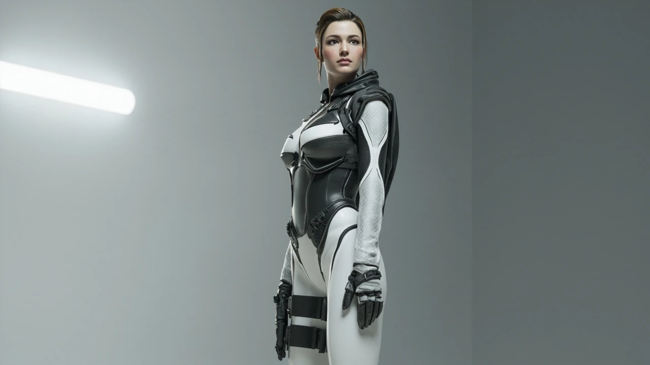 Character model showcasing Stellar Blade outfits in a neutral studio render
