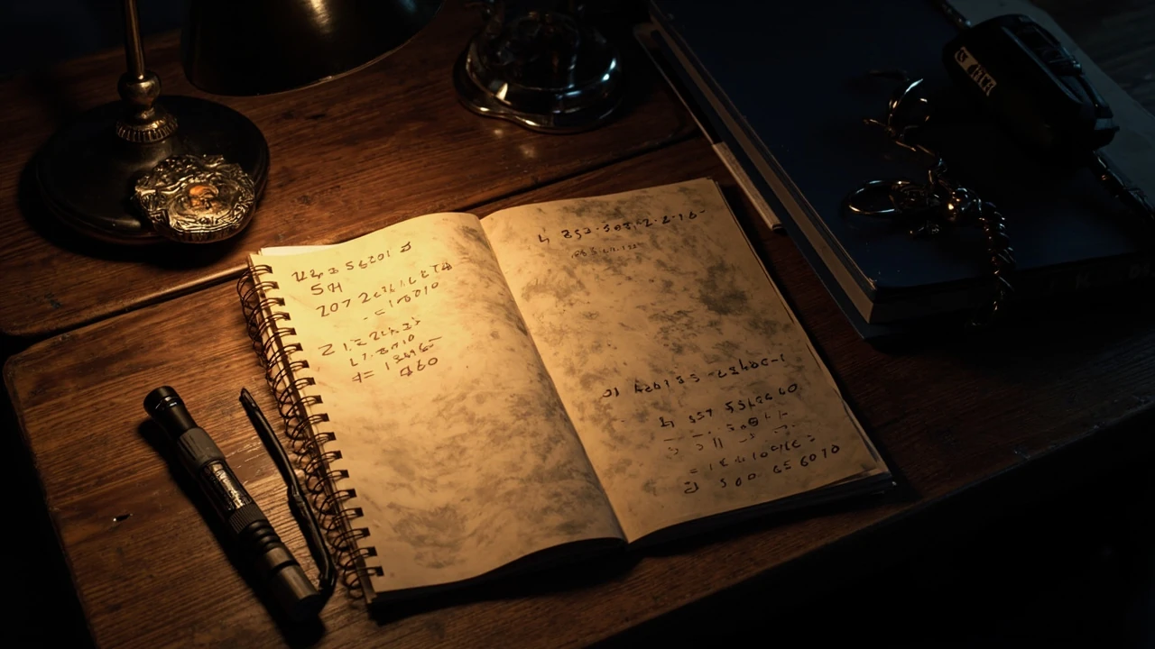 A notebook page of RE2 locker codes open on a wooden desk beside a police badge prop