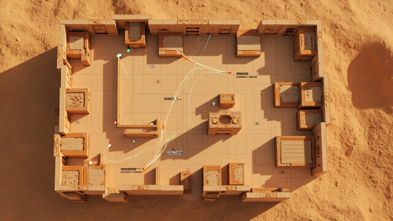 Top down tactical view of the bind valorant map highlighting mid and sites