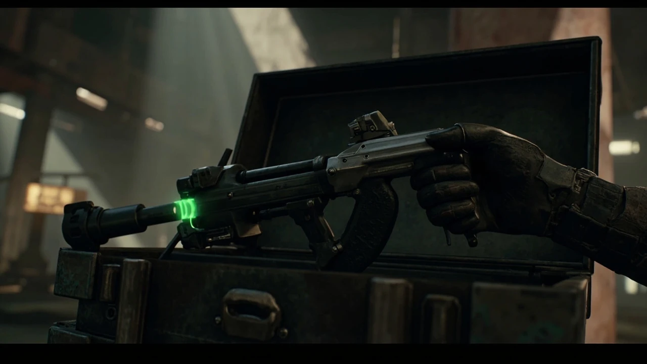 Stylized Borderlands 4 weapon with a glowing bio bulkhead augment module fitted near the grip, set against a gritty industrial backdrop