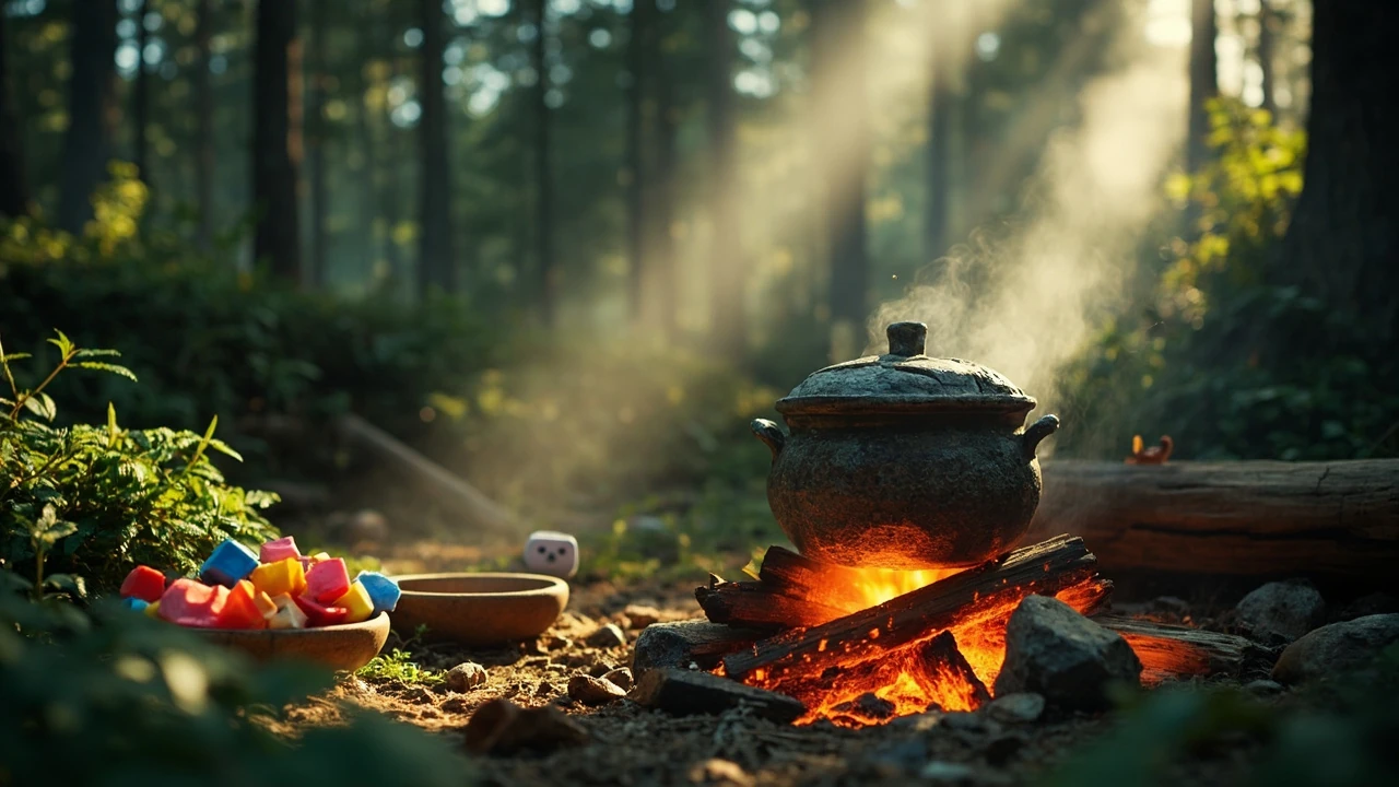 A stylized cooking pot from Pokemon Quest surrounded by ingredient icons representing recipes and Pokemon attraction