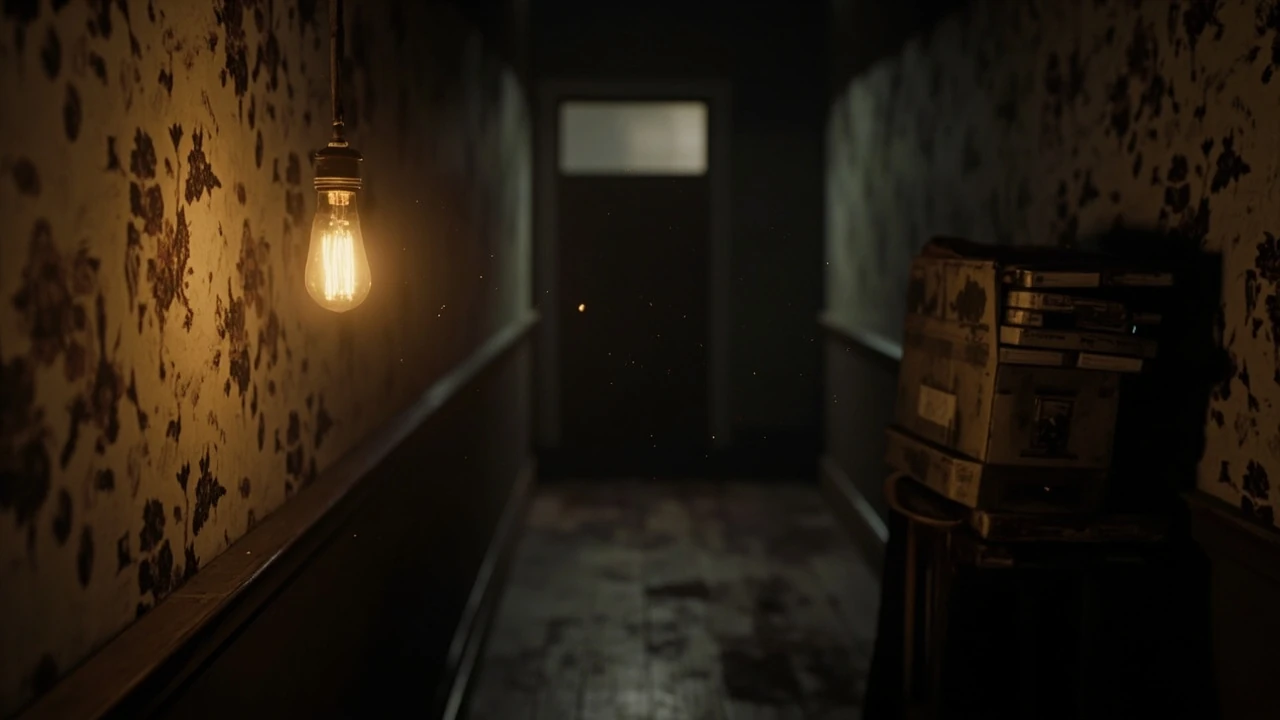 Resident Evil 7 walkthrough hero image of a dimly lit house hallway