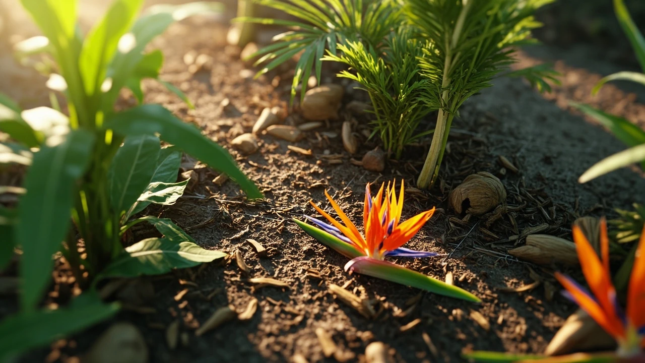 Tropical plants grow a garden scene with broad leaves and bright fruit