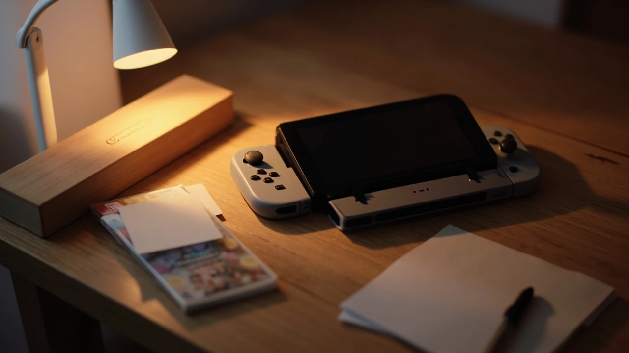 Animal Crossing New Horizons cheats guide with a Switch console on a wooden desk